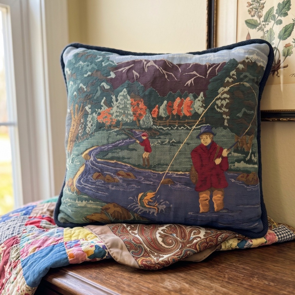 Vintage Woven Tapestry Fly Fishing Throw Pillow Mountain Cabincore Decor